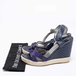 Gina Navy Blue Python Leather Crystal Embellished Wedge Platform Ankle-Strap Sandals Size 40.5
