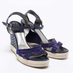 Gina Navy Blue Python Leather Crystal Embellished Wedge Platform Ankle-Strap Sandals Size 40.5