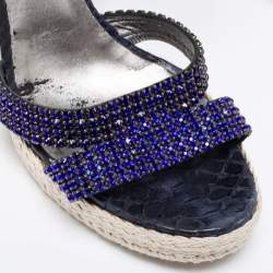 Gina Navy Blue Python Leather Crystal Embellished Wedge Platform Ankle-Strap Sandals Size 40.5