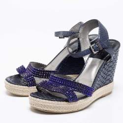 Gina Navy Blue Python Leather Crystal Embellished Wedge Platform Ankle-Strap Sandals Size 40.5