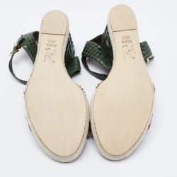 Pre Owned Gina Green Python Leather Crystal Embellished Wedge Sandals Size 40.5