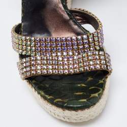 Pre Owned Gina Green Python Leather Crystal Embellished Wedge Sandals Size 40.5