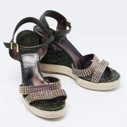 Pre Owned Gina Green Python Leather Crystal Embellished Wedge Sandals Size 40.5