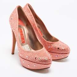 Pre Owned Gina Peach Pink Crystal Embellished Satin Platform Pumps Size 37.5
