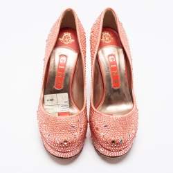 Pre Owned Gina Peach Pink Crystal Embellished Satin Platform Pumps Size 37.5