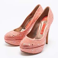 Pre Owned Gina Peach Pink Crystal Embellished Satin Platform Pumps Size 37.5