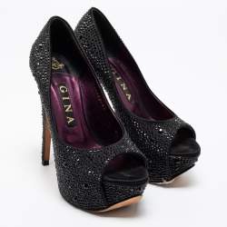 مملوكة مسبقًا Gina Black Satin Crystal Embellished Peep Toe Platform Pumps Size 37.5 