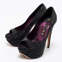 مملوكة مسبقًا Gina Black Satin Crystal Embellished Peep Toe Platform Pumps Size 37.5 