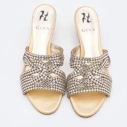 Pre Owned Gina Beige Crystal Embellished Leather Slide Sandals Size 38