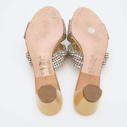 Pre Owned Gina Beige Crystal Embellished Leather Slide Sandals Size 38