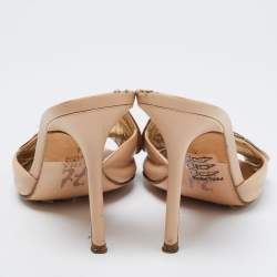 Pre Owned Gina Beige Leather Crystal Embellished Bow Open Toe Sandals Size 37