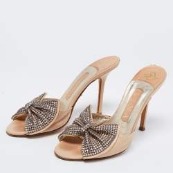 Pre Owned Gina Beige Leather Crystal Embellished Bow Open Toe Sandals Size 37