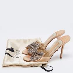 Pre Owned Gina Beige Leather Crystal Embellished Bow Open Toe Sandals Size 37