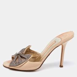 Pre Owned Gina Beige Leather Crystal Embellished Bow Open Toe Sandals Size 37