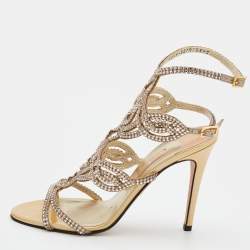 مملوكة مسبقًا Gina Beige Leather Crystal Enbellished Ankle Wrap Sandals Size 38