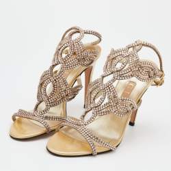مملوكة مسبقًا Gina Beige Leather Crystal Enbellished Ankle Wrap Sandals Size 38