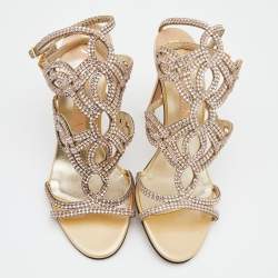 مملوكة مسبقًا Gina Beige Leather Crystal Enbellished Ankle Wrap Sandals Size 38