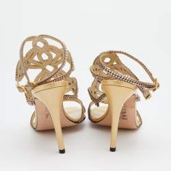 مملوكة مسبقًا Gina Beige Leather Crystal Enbellished Ankle Wrap Sandals Size 38