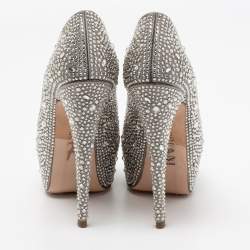 Pre Owned Gina Grey Satin Crystal Embellished Peep Toe Platform Pumps Size 36.5
