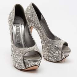 Pre Owned Gina Grey Satin Crystal Embellished Peep Toe Platform Pumps Size 36.5