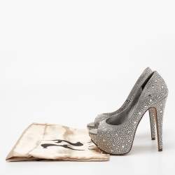 Pre Owned Gina Grey Satin Crystal Embellished Peep Toe Platform Pumps Size 36.5
