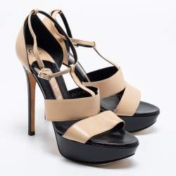 Gina Beige/Black Leather T-Strap Platform Sandals Size 38