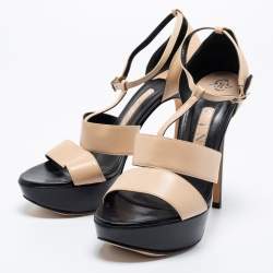 Gina Beige/Black Leather T-Strap Platform Sandals Size 38