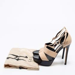 Gina Beige/Black Leather T-Strap Platform Sandals Size 38