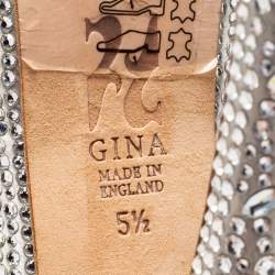 Pre Owned صندل جينا ساتان مزخرف كريستال رصاصي فتحة كعب نعل سميك مقدمة مفتوحة مقاس 38.5