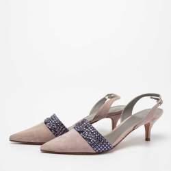 Pre Owned حذاء كعب عالي جينا سويدي رصاصي مزخرف كريستال فتحة كعب مقاس 37.5