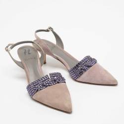 Pre Owned حذاء كعب عالي جينا سويدي رصاصي مزخرف كريستال فتحة ك عب مقاس 37.5