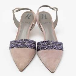 Pre Owned حذاء كعب عالي جينا سويدي رصاصي مزخرف كريستال فتحة كعب مقاس 37.5