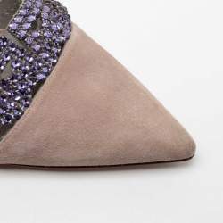 Pre Owned حذاء كعب عالي جينا سويدي رصاصي مزخرف كريستال فتحة كعب مقاس 37.5