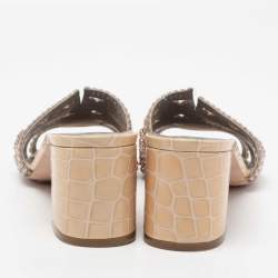 Pre Owned صندل سلايد جينا لورين جلد لامع بيج نقش تمساح  مزخرف كريستال م قاس 40.5