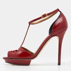 Pre Owned Gina Red Lizard Embossed Leather Ankle Strap Sandals Size 39