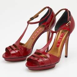 Pre Owned Gina Red Lizard Embossed Leather Ankle Strap Sandals Size 39