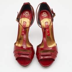 Pre Owned Gina Red Lizard Embossed Leather Ankle Strap Sandals Size 39