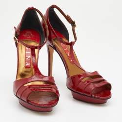 Pre Owned Gina Red Lizard Embossed Leather Ankle Strap Sandals Size 39