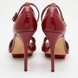 Pre Owned Gina Red Lizard Embossed Leather Ankle Strap Sandals Size 39