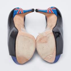 Pre Owned Gina Black Patent Leather Crystal Embellished Peep Toe Platform Pumps Size 37