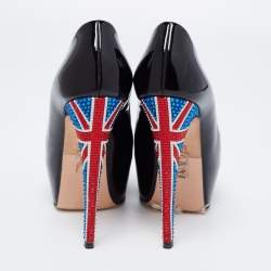 Pre Owned Gina Black Patent Leather Crystal Embellished Peep Toe Platform Pumps Size 37