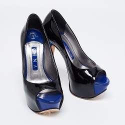 Pre Owned Gina Black Patent Leather Crystal Embellished Peep Toe Platform Pumps Size 37