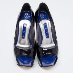 Pre Owned Gina Black Patent Leather Crystal Embellished Peep Toe Platform Pumps Size 37