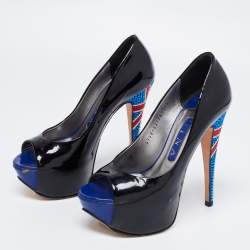 Pre Owned Gina Black Patent Leather Crystal Embellished Peep Toe Platform Pumps Size 37