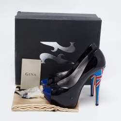 Pre Owned Gina Black Patent Leather Crystal Embellished Peep Toe Platform Pumps Size 37