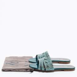 مملوكة مسبقًا صندل بإصبع سلايد جينا فلات جلد أزرق مرصع كريستال مقاس 36.5