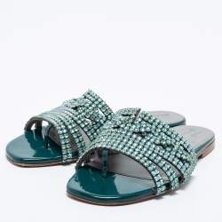مملوكة مسبقًا صندل بإصبع سلايد جينا فلات جلد أزرق مرصع كريستال مقاس 36.5