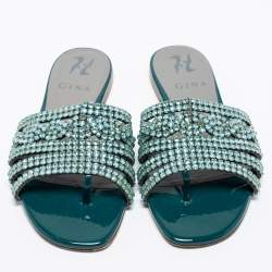 مملوكة مسبقًا صندل بإصبع سلايد جينا فلات جلد أزرق مرصع كريستال مقاس 36.5