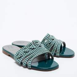 مملوكة مسبقًا صندل بإصبع سلايد جينا فلات جلد أزرق مرصع كريستال مقاس 36.5