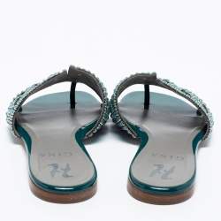 مملوكة مسبقًا صندل بإصبع سلايد جينا فلات جلد أزرق مرصع كريستال مقاس 36.5